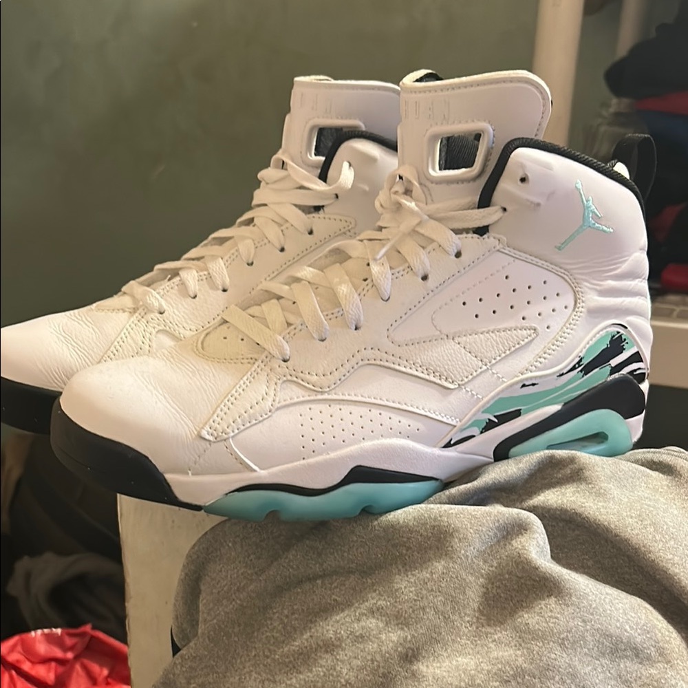 White and Teal High-Top Sneakers
